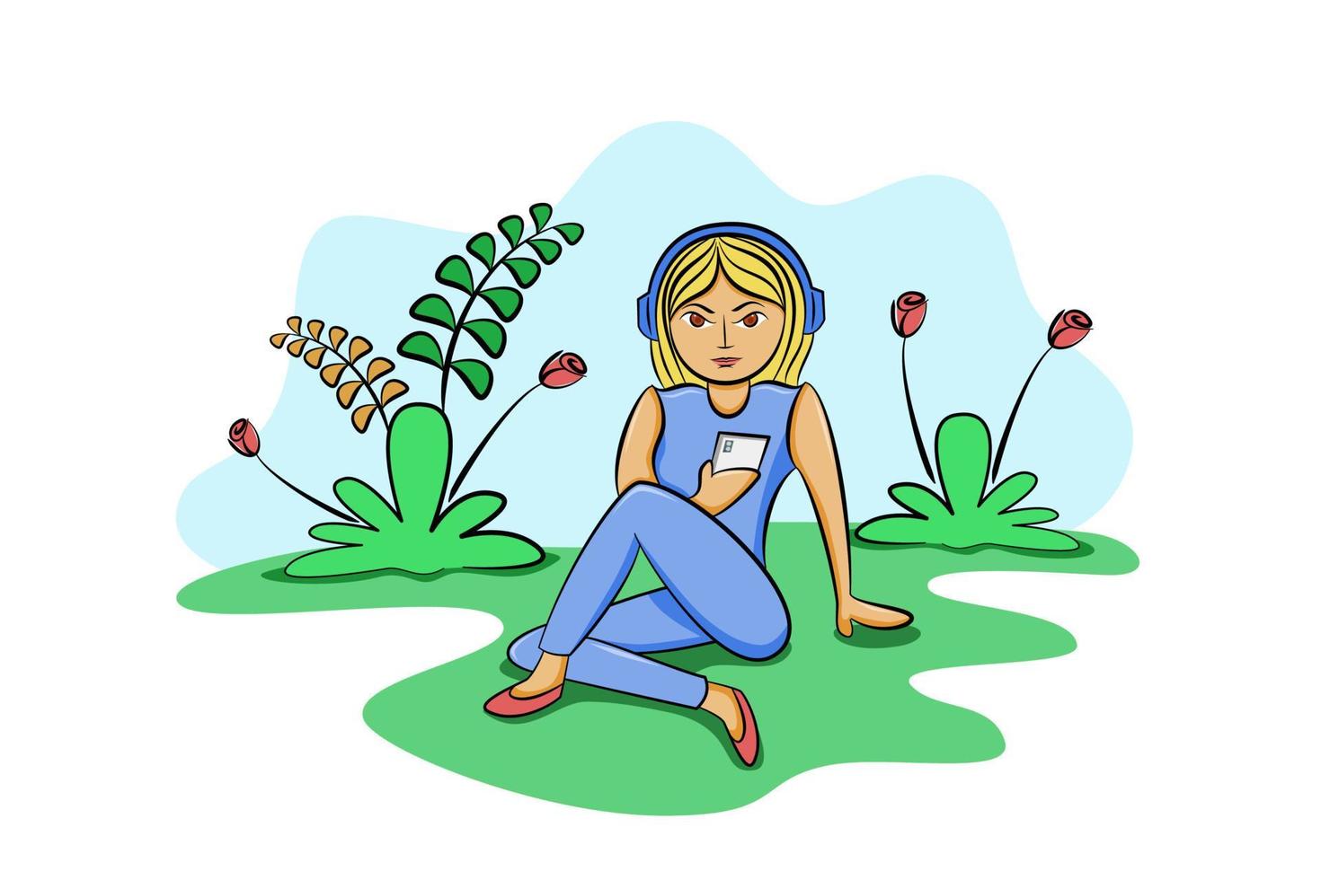 Cartoon character golden haired woman sitting on the garden lawn on the phone vector