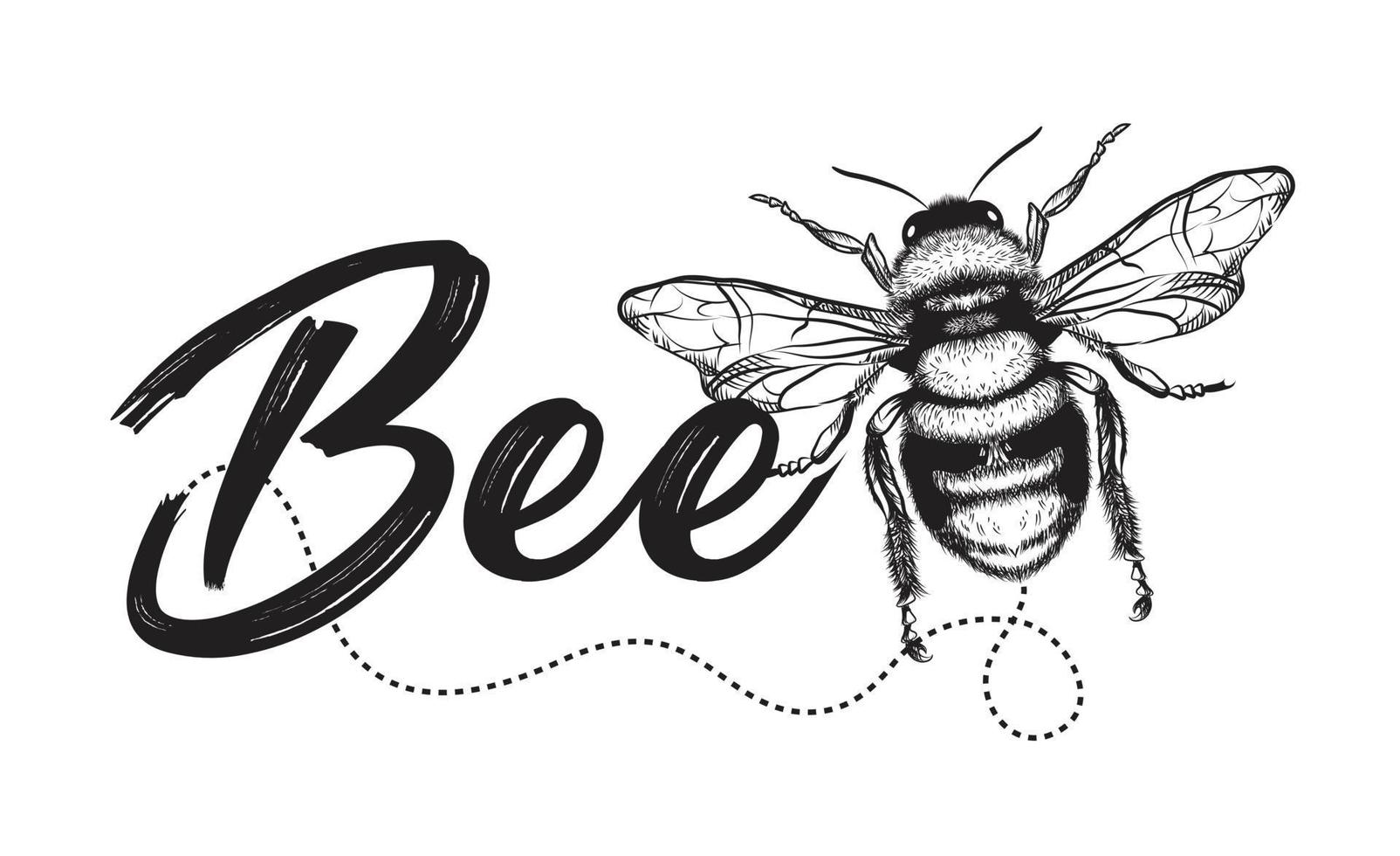 vector de abeja y letras de abeja negra sobre fondo blanco.