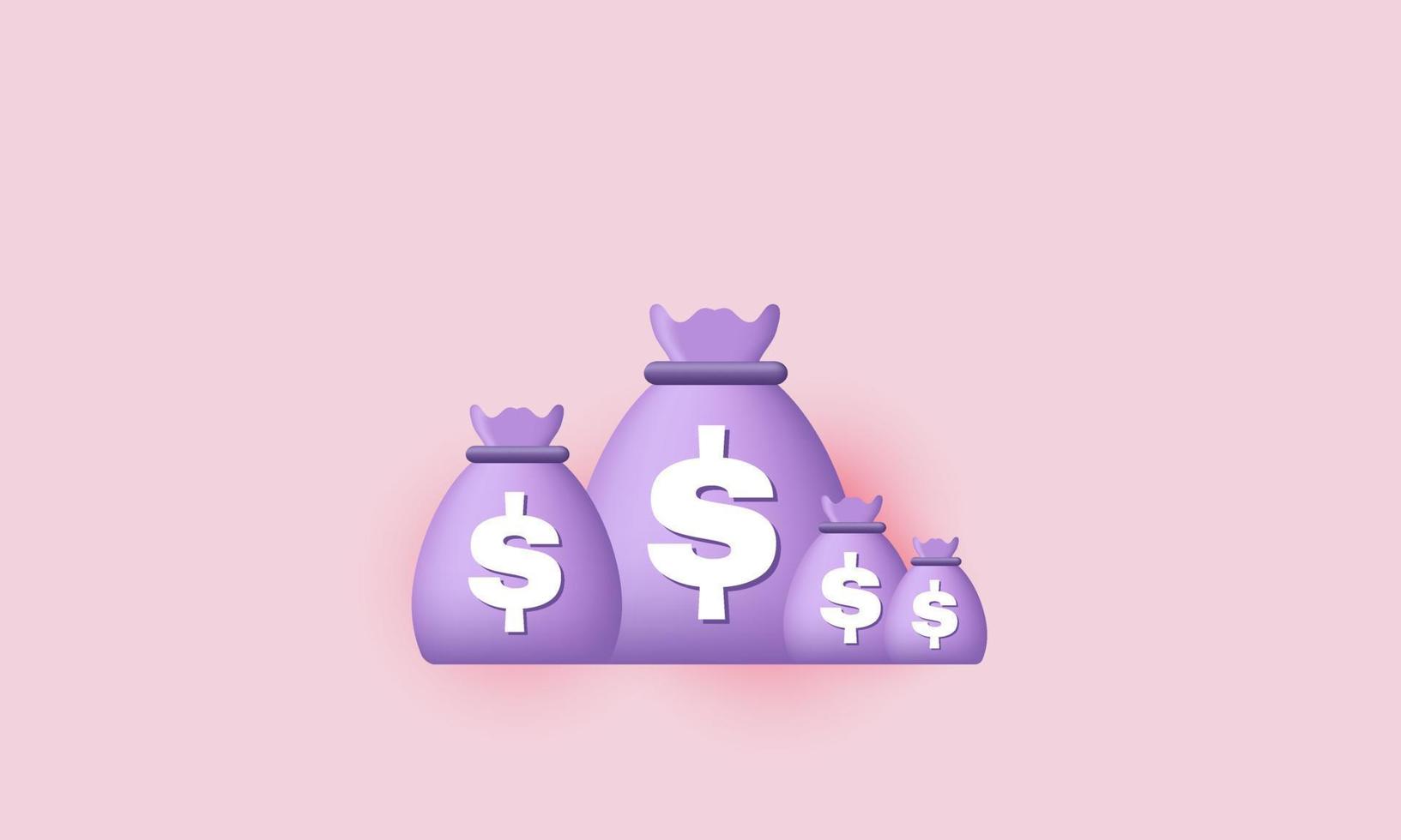 Diseño de icono de bolsas de dinero de renderizado 3d diferencia de concepto de ahorro aislado en vector