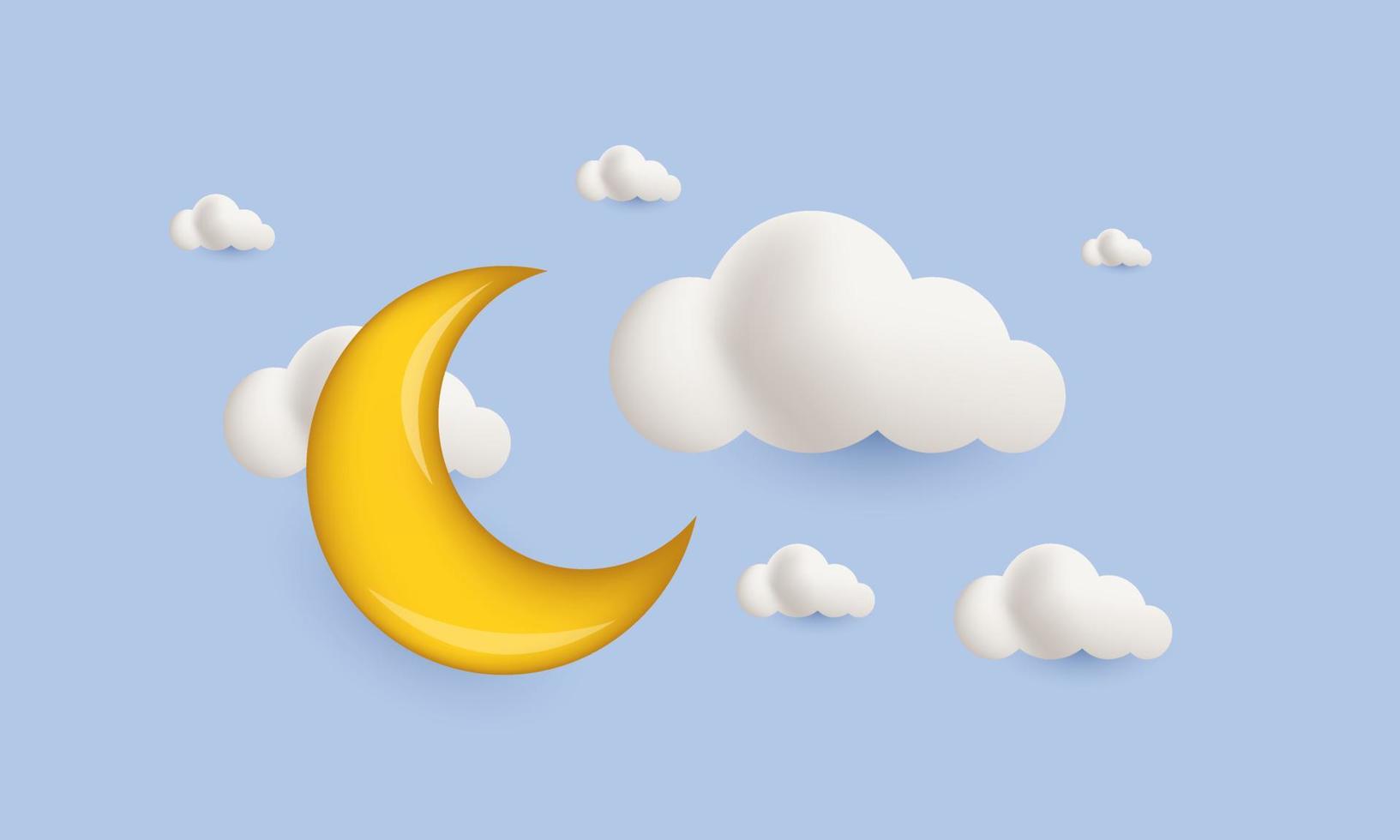 3d renderizado luna nubes blancas doradas vector