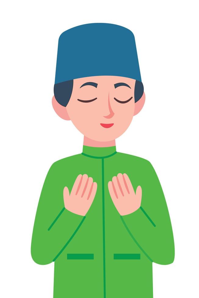 Flat design good looking muslim boy praying pose illustration. Ramadan Kareem Eid Mubarak vector