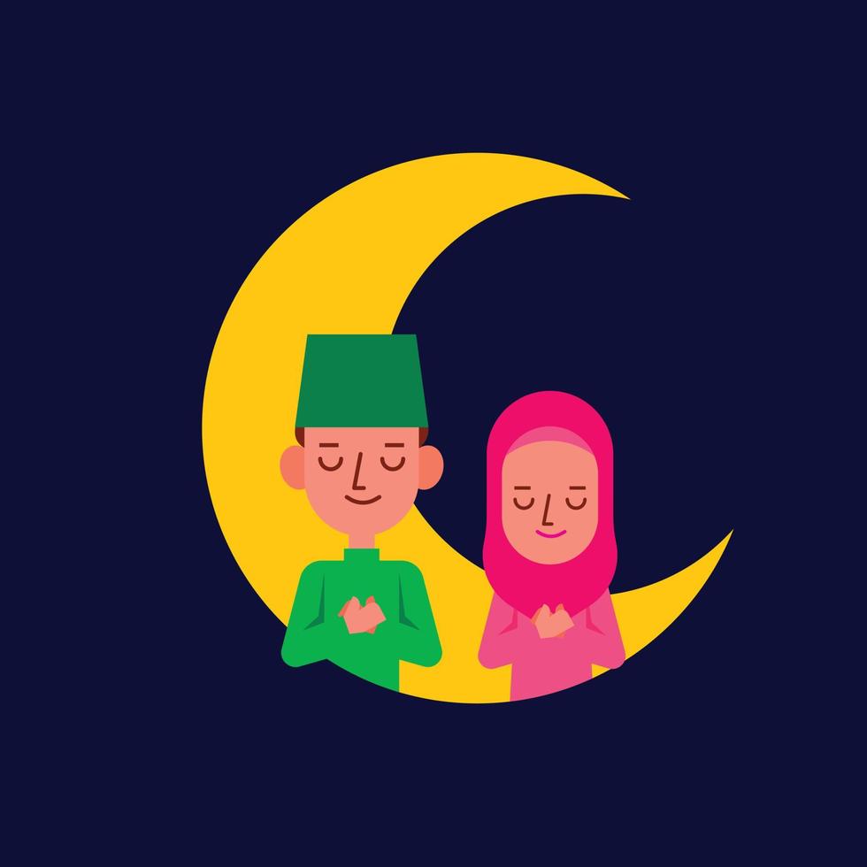 diseño plano musulmán hombre y mujer rezando posan en la ilustración de fondo de la luna. ramadán kareem eid mubarak vector