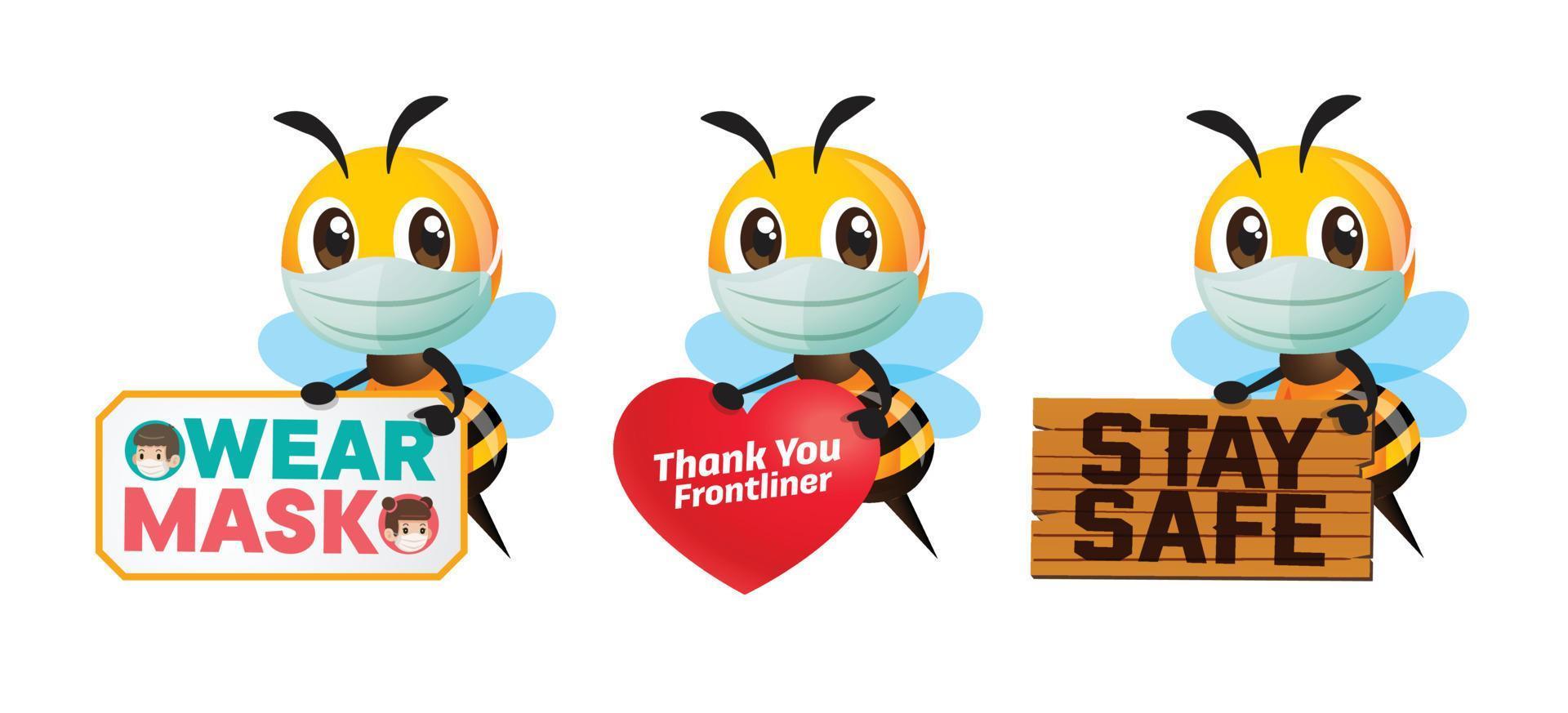 Set of cartoon cute bee wearing face mask holding different public awareness signage to prevent against coronavirus. Fight global pandemic outbreak vector