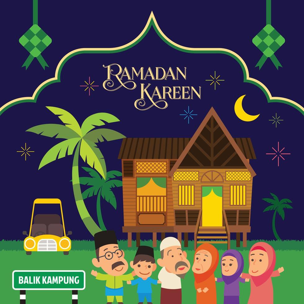 celebración de eid al fitr ramadán kareem. familia musulmana de dibujos animados planos en casa de pueblo tradicional con ilustración de patrón decorativo islámico vector