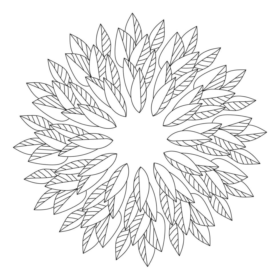 Coloring page of a mandala from the contours of leaves, parts of a plant with straight symmetrical veins arranged in a circle vector