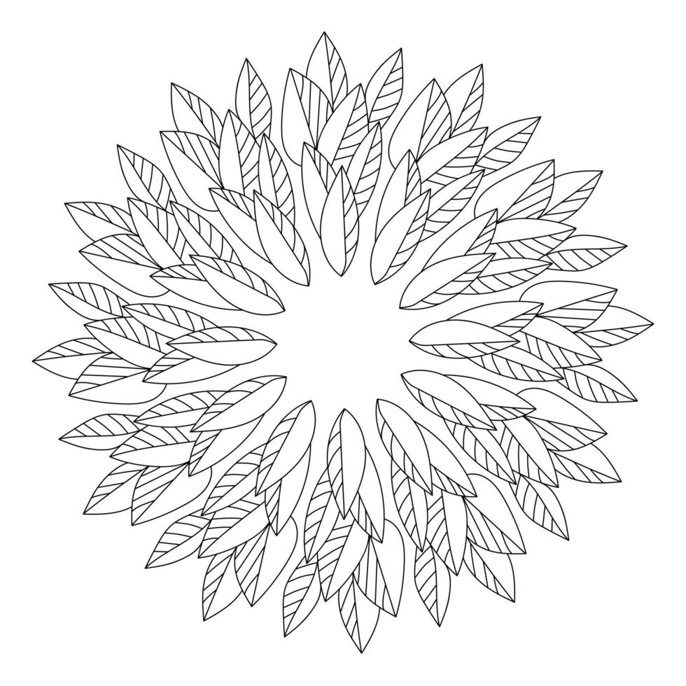 Coloring page of a mandala from the contours of leaves, parts of a plant with straight symmetrical veins arranged in a circle vector