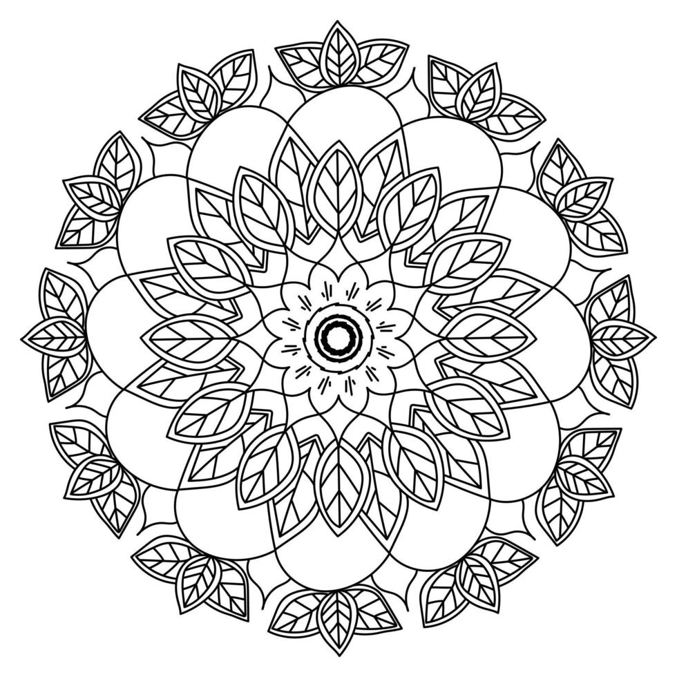 Floral and leafy mandala with a flower in the center and bunches of leaves, circular symmetrical pattern of natural elements, zen coloring page for children and adults vector