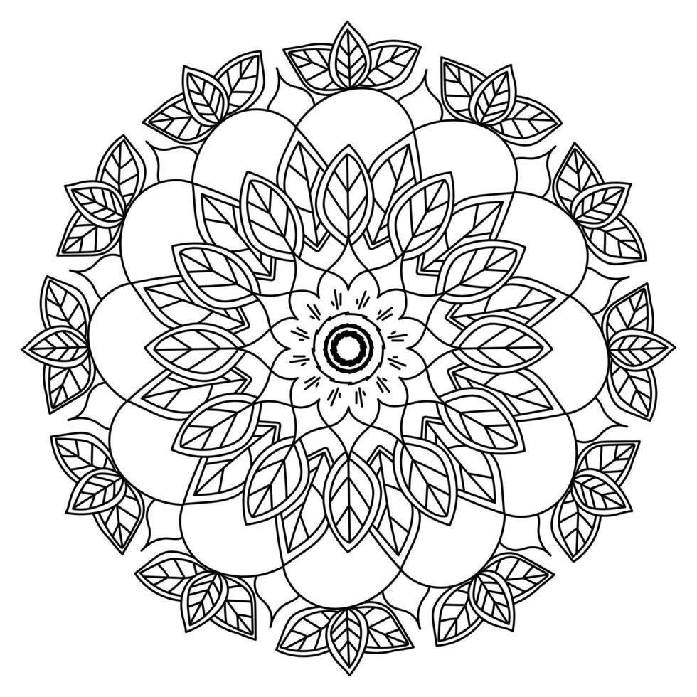 mandala floral y frondoso con una flor en el centro y racimos de hojas, patrón circular simétrico de elementos naturales, página de coloración zen para niños y adultos vector