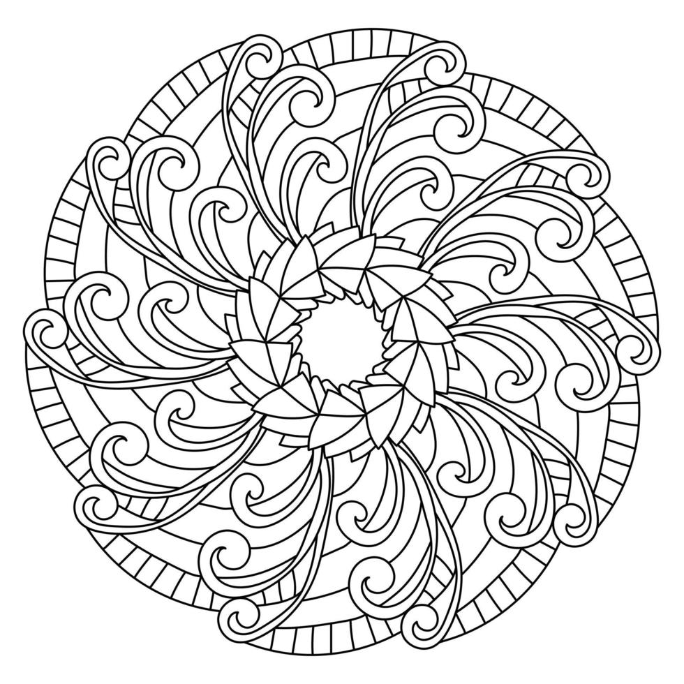 Mandala coloring page with curls and symmetrical stripes, antistress illustration for meditative coloring vector