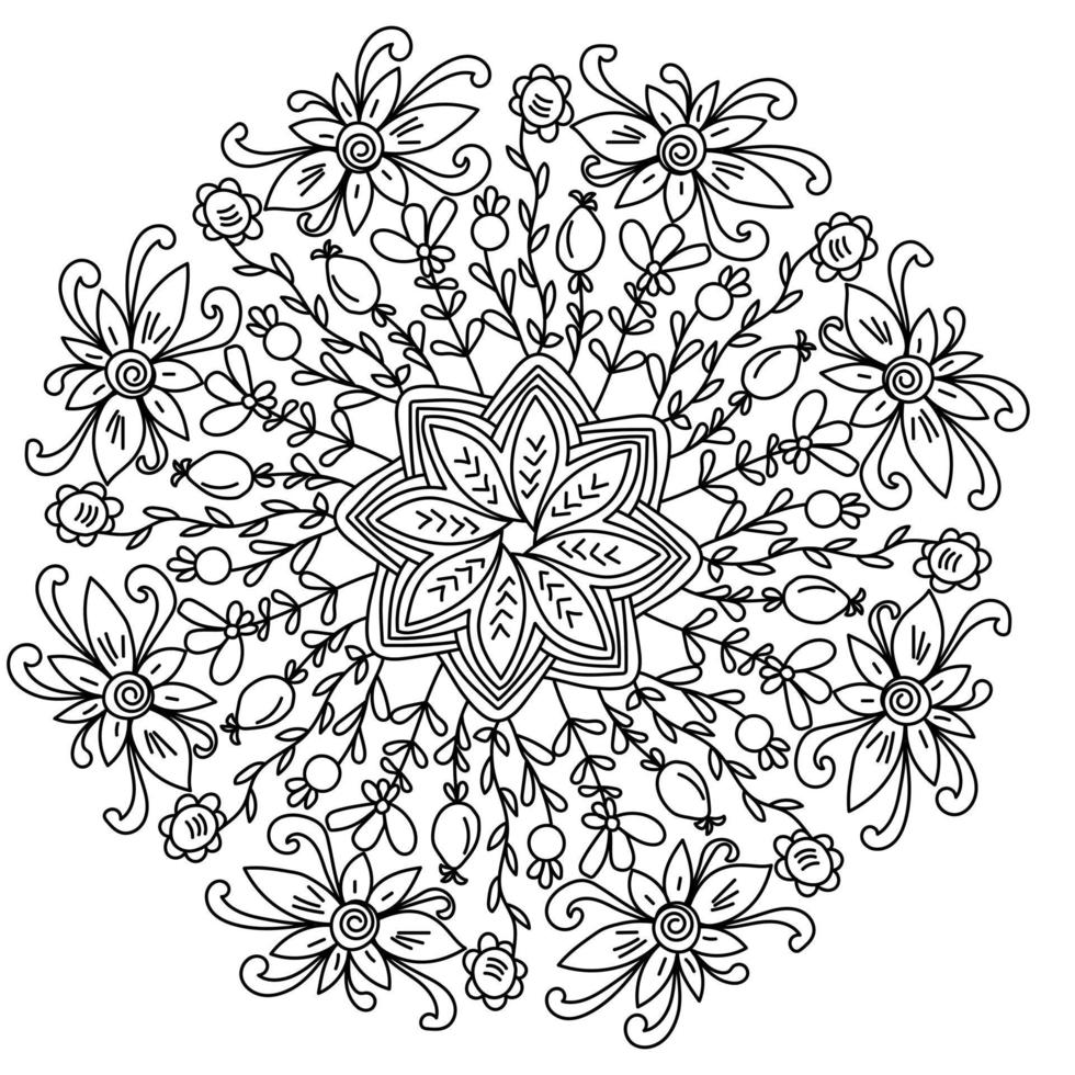 Contour mandala of doodle flowers with a large flower in the center, zen coloring page with plant motifs vector