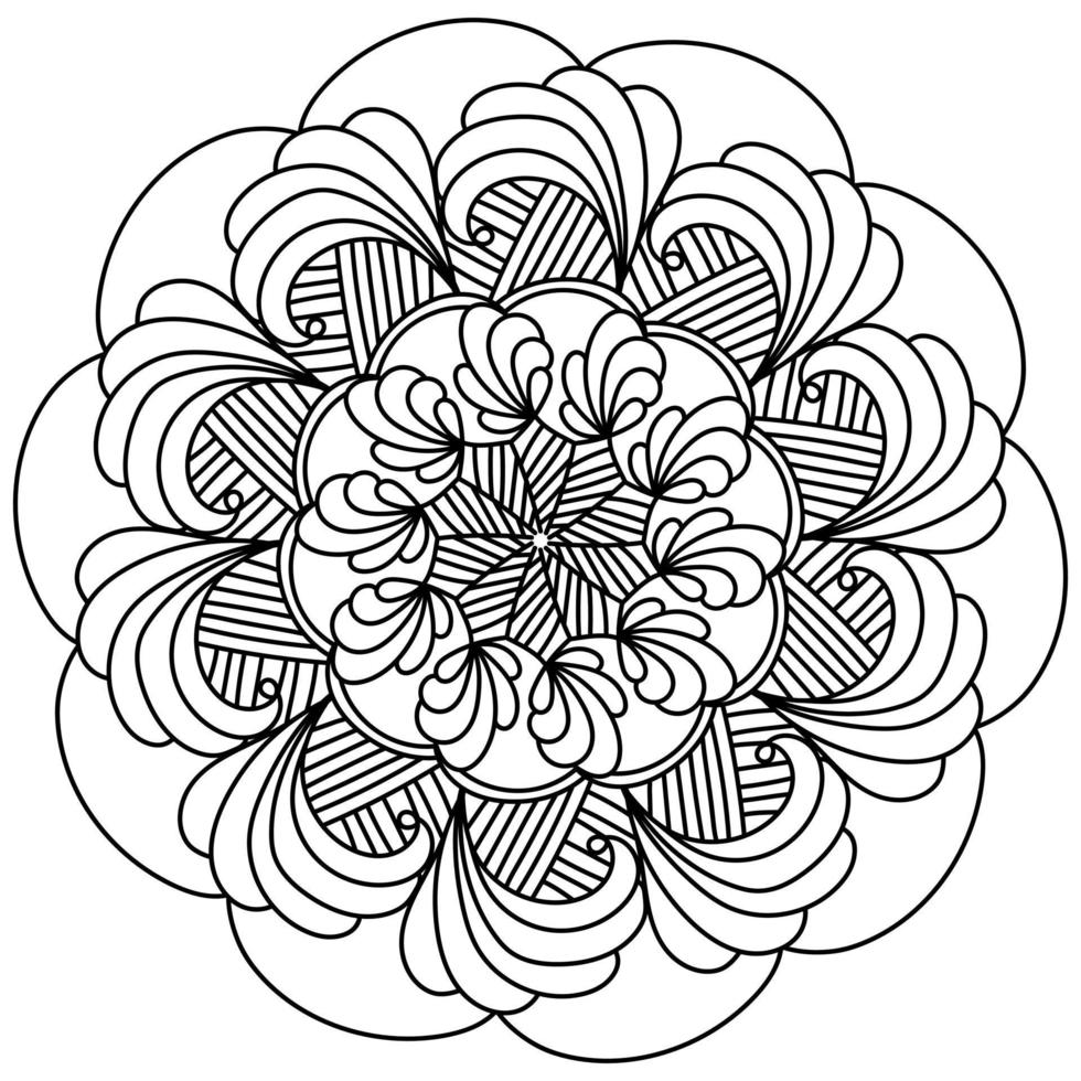 página de coloración antiestrés de mandala con rizos y rayas simétricas, motivo redondo de contorno con elementos volumétricos vector