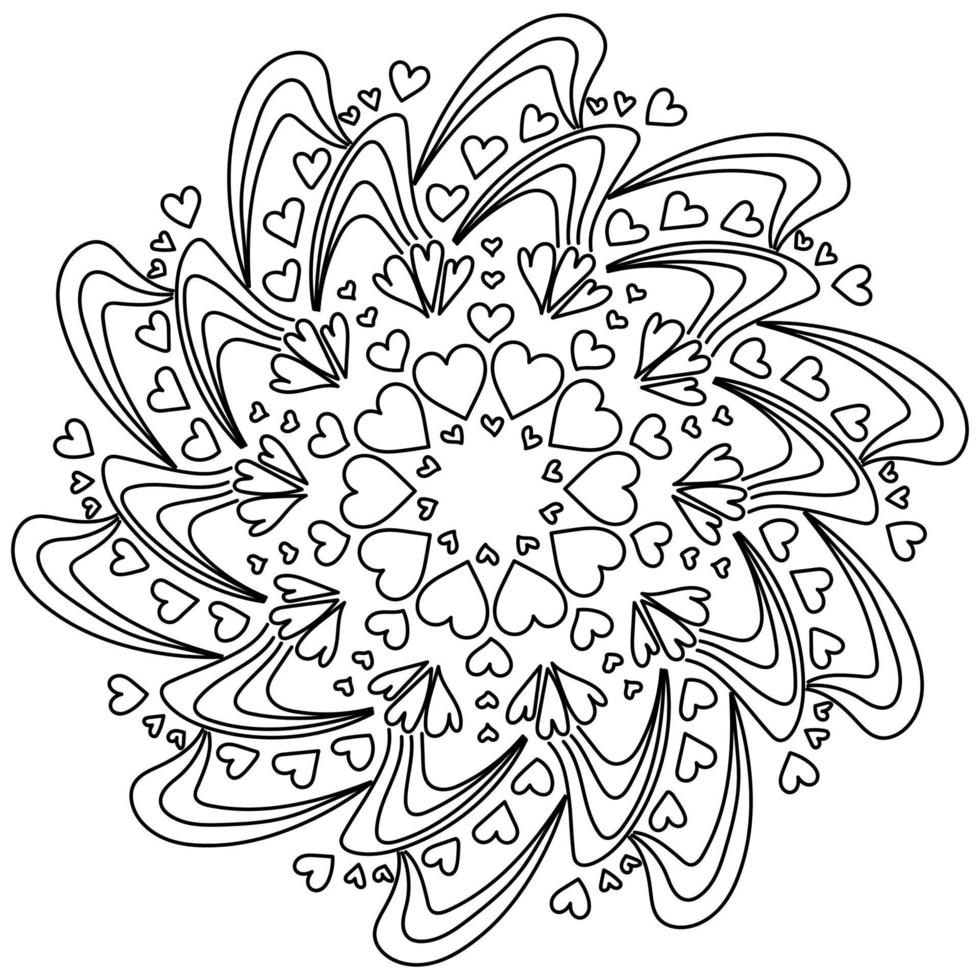 Mandala with hearts and waves, contour drawing with doodle patterns, zen antistress coloring page vector