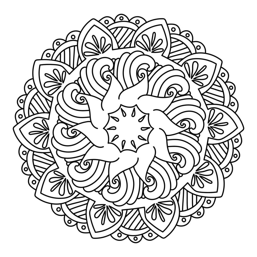 Contour mandala with waves, curls and stripes, round ornate pattern of simple lines vector