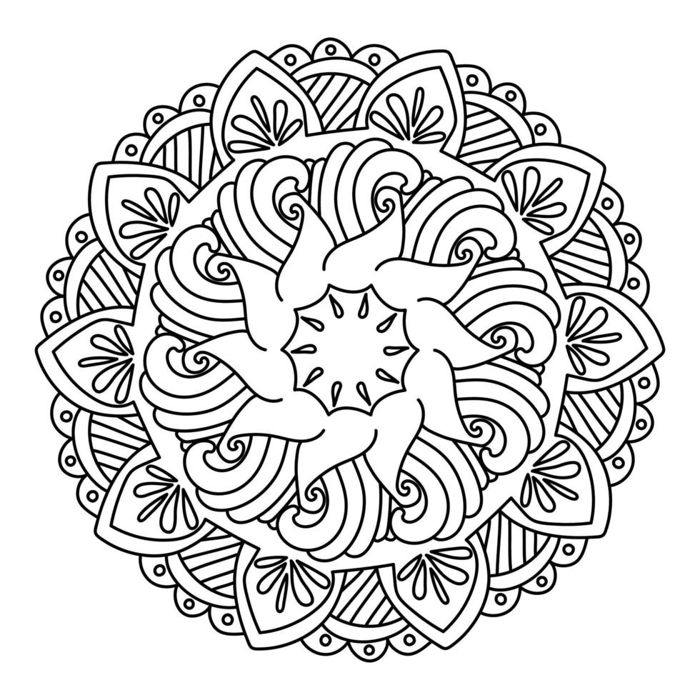 mandala de contorno con ondas, rizos y rayas, patrón redondo adornado de líneas simples vector