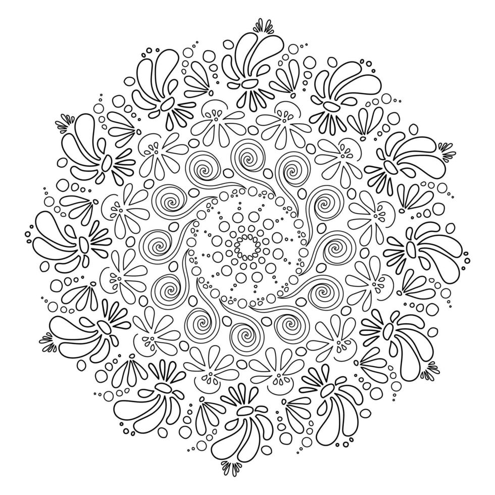 Antistress mandala with floral elements, splash petals and curls, round decorative details arranged in a circle, coloring page vector