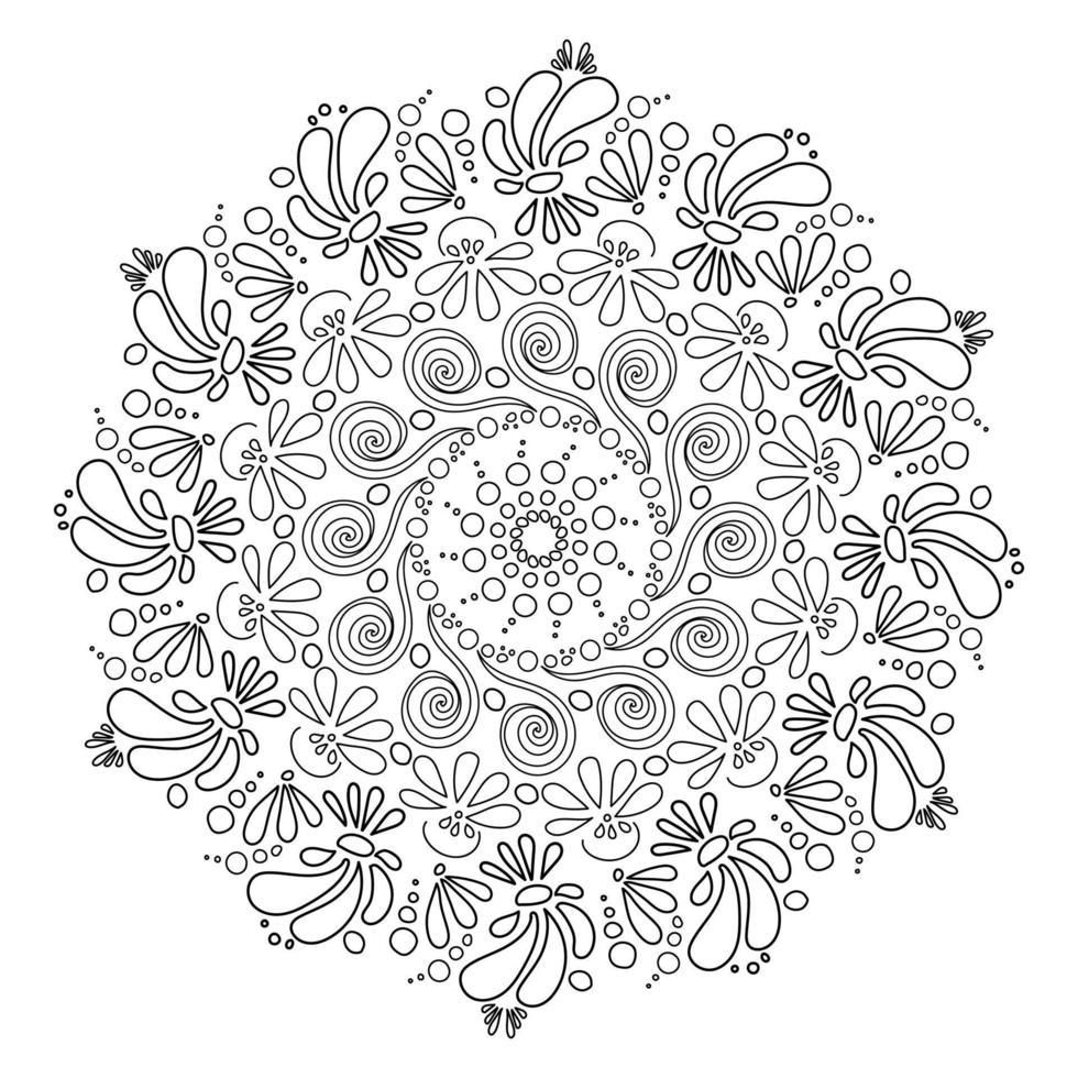 Antistress mandala with floral elements, splash petals and curls, round decorative details arranged in a circle, coloring page vector