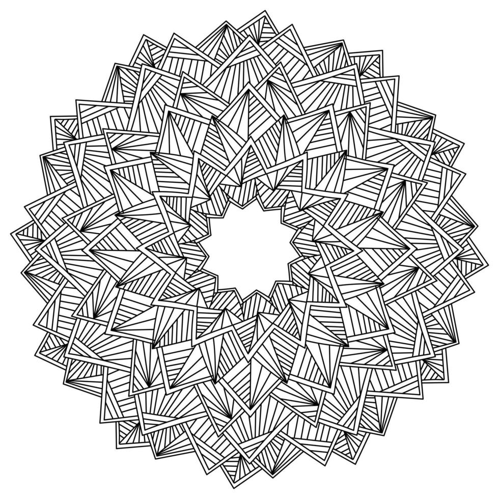 mandala vectorial abstracto de líneas rectas y triángulos, patrón circular de doce rayos, página de coloreado antiestrés para adultos y niños vector