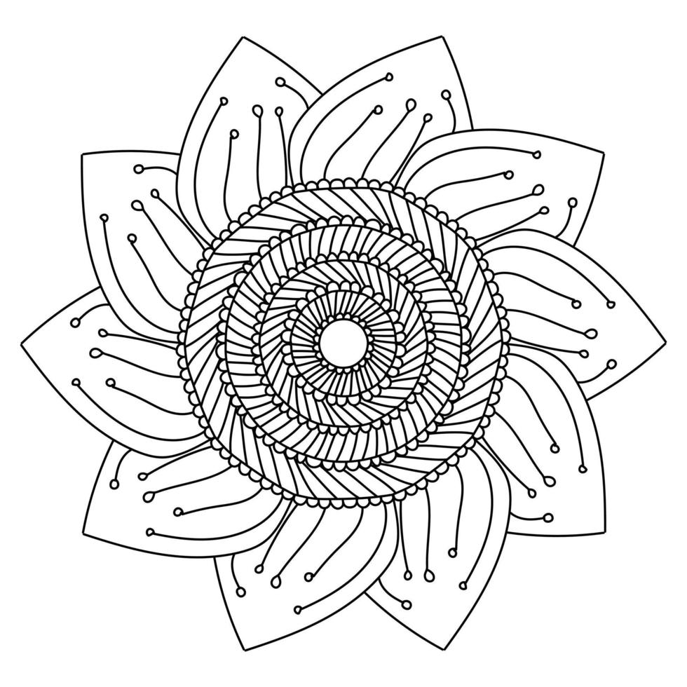 página de color con girasol estilizado, mandala de contorno con rayas simétricas y elemento floral vector