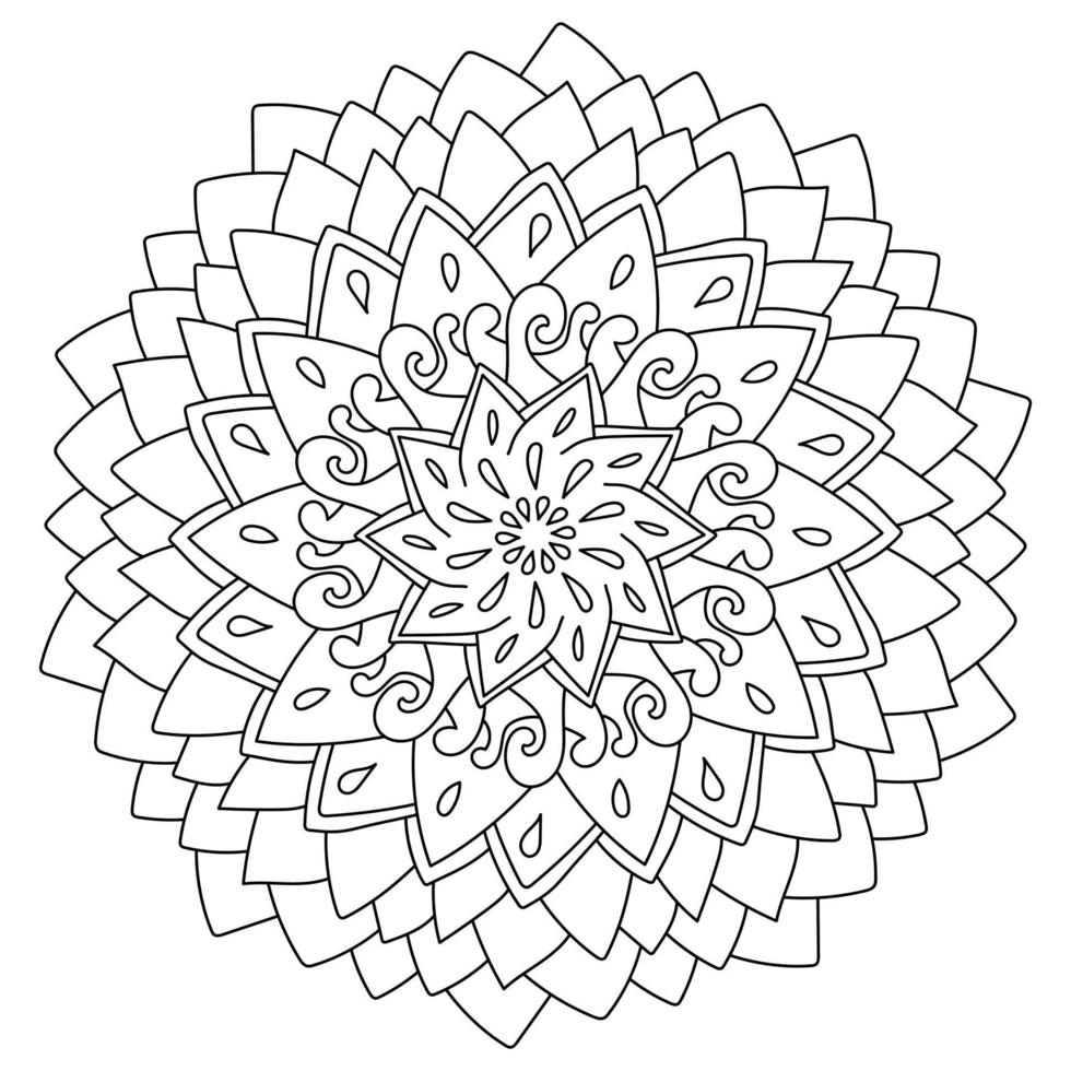 Simple symmetrical doodle mandala of curls and triangular petals, antistress coloring page vector