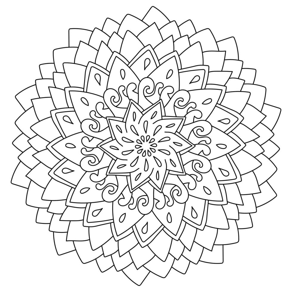 Simple symmetrical doodle mandala of curls and triangular petals, antistress coloring page vector