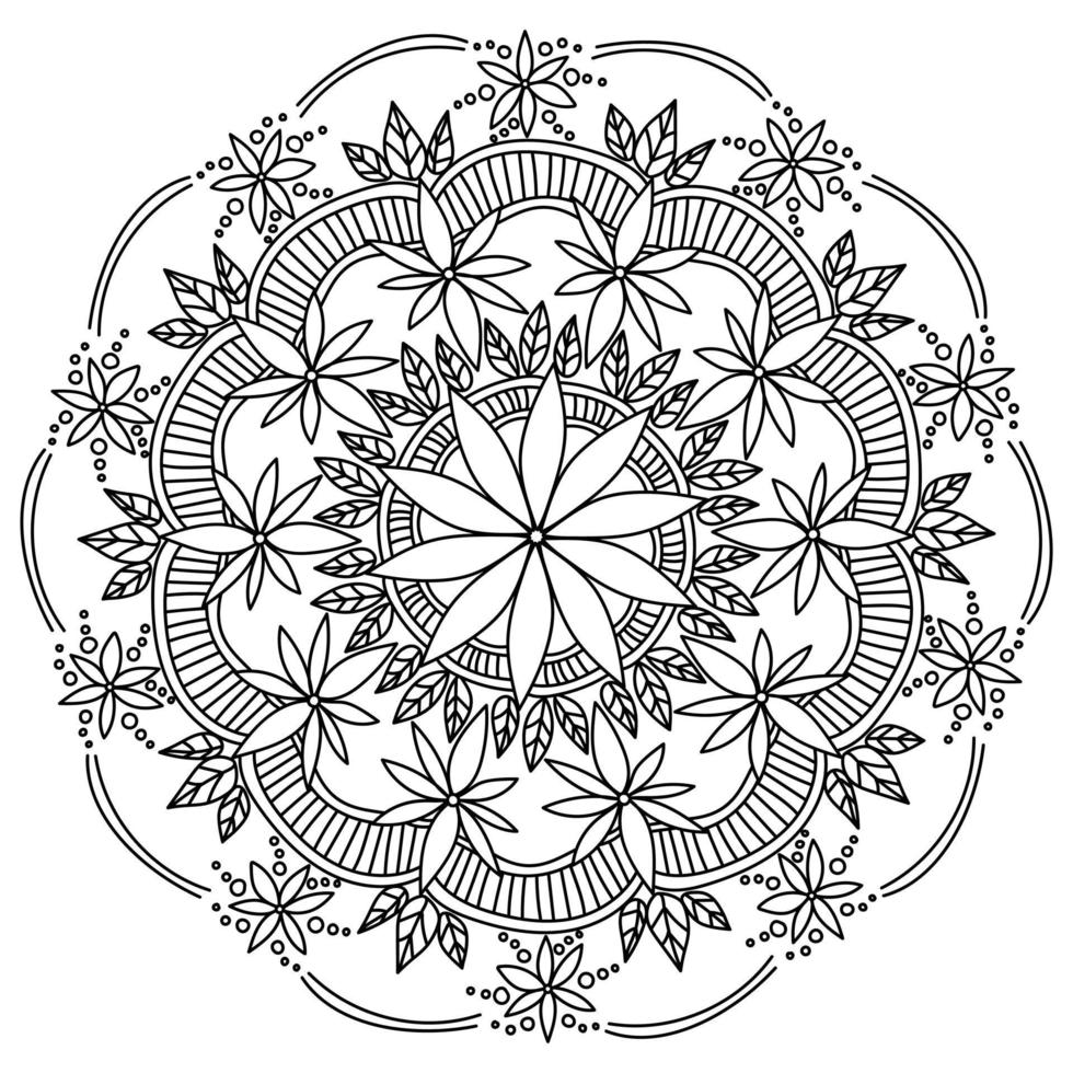 Contour mandala with doodle flowers and bunches of leaves, antistress coloring page with plant elements and shading vector