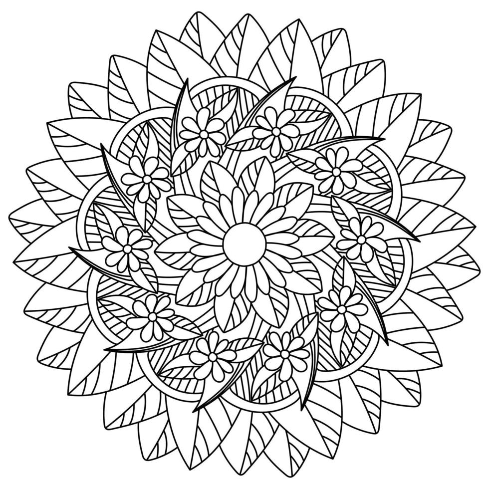 Flower mandala coloring page with doodle flowers and leaves, round antistress illustration vector