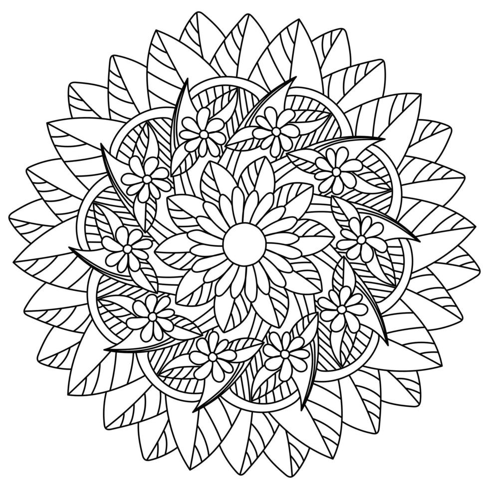 Flower mandala coloring page with doodle flowers and leaves, round antistress illustration vector