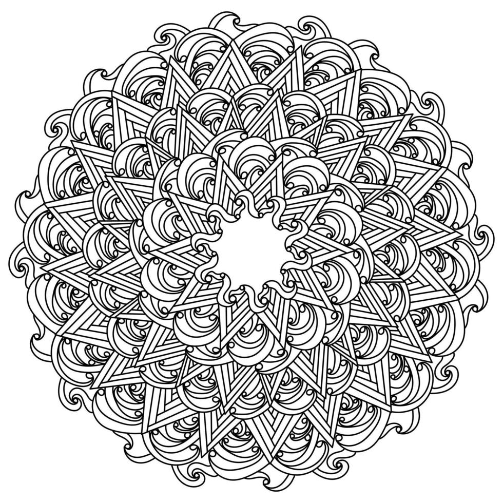 Antistress mandala of many curls and triangles, zen doodle coloring page of various ornate shapes vector