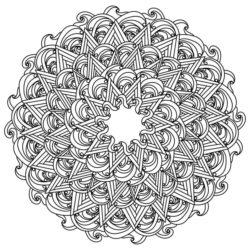 mandala antiestrés de muchos rizos y triángulos, página de coloreado de fideos zen de varias formas ornamentadas vector