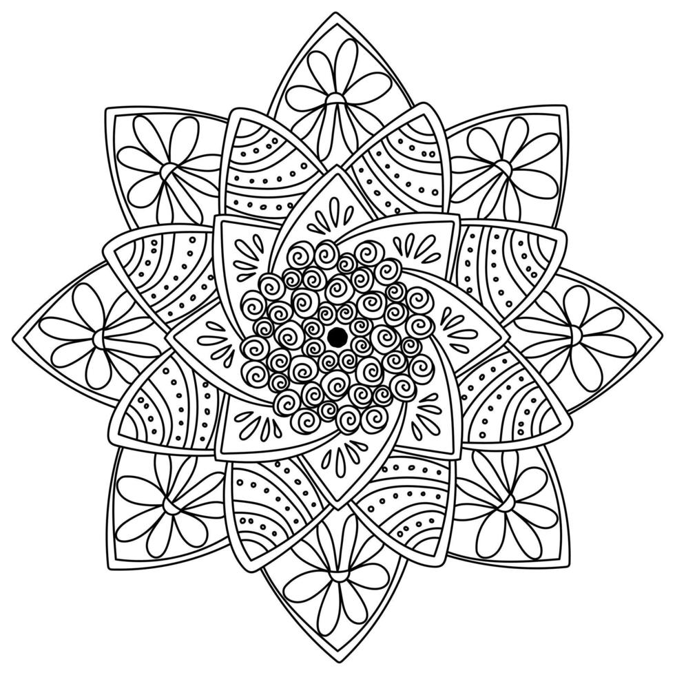 Eight-pointed mandala with spiral patterns in the center and flowers on the rays, zen antistress coloring page for kids and adults vector