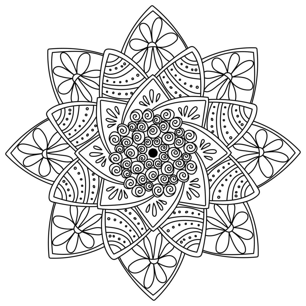 Eight-pointed mandala with spiral patterns in the center and flowers on the rays, zen antistress coloring page for kids and adults vector