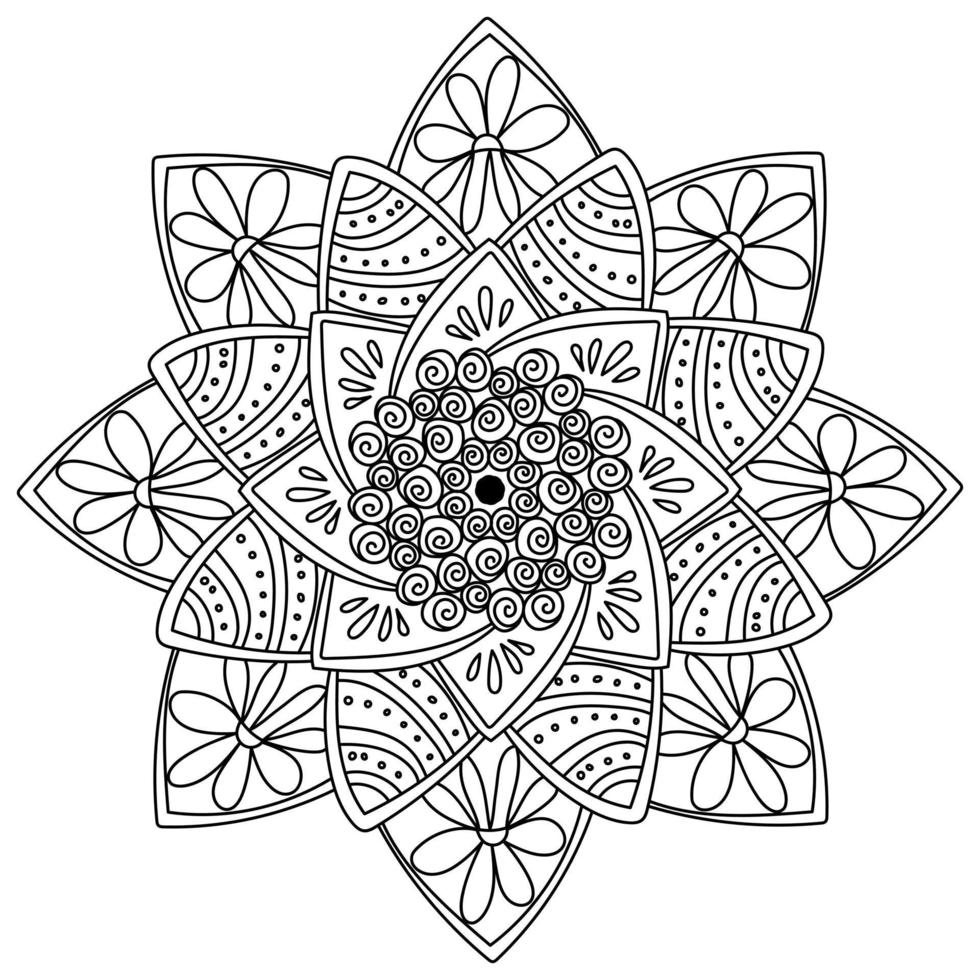 mandala de ocho puntas con patrones en espiral en el centro y flores en los rayos, página de coloración antiestrés zen para niños y adultos vector