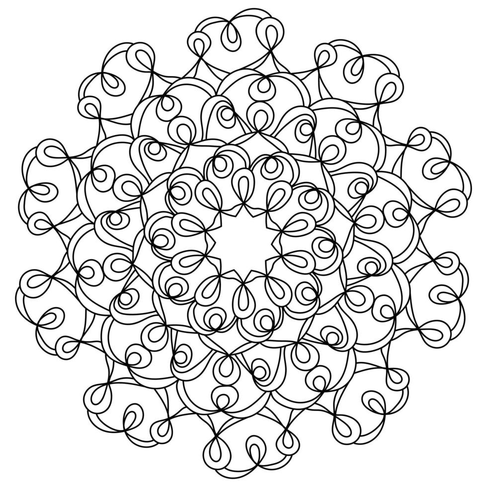 Abstract mandala from contours of loops, antistress coloring page from flowing elements and weaves vector