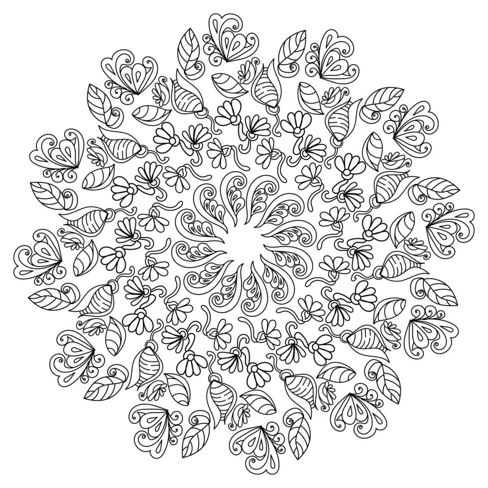 Antistress coloring page with doodle flowers and leaves, fantasy elements and curls in a circular pattern vector