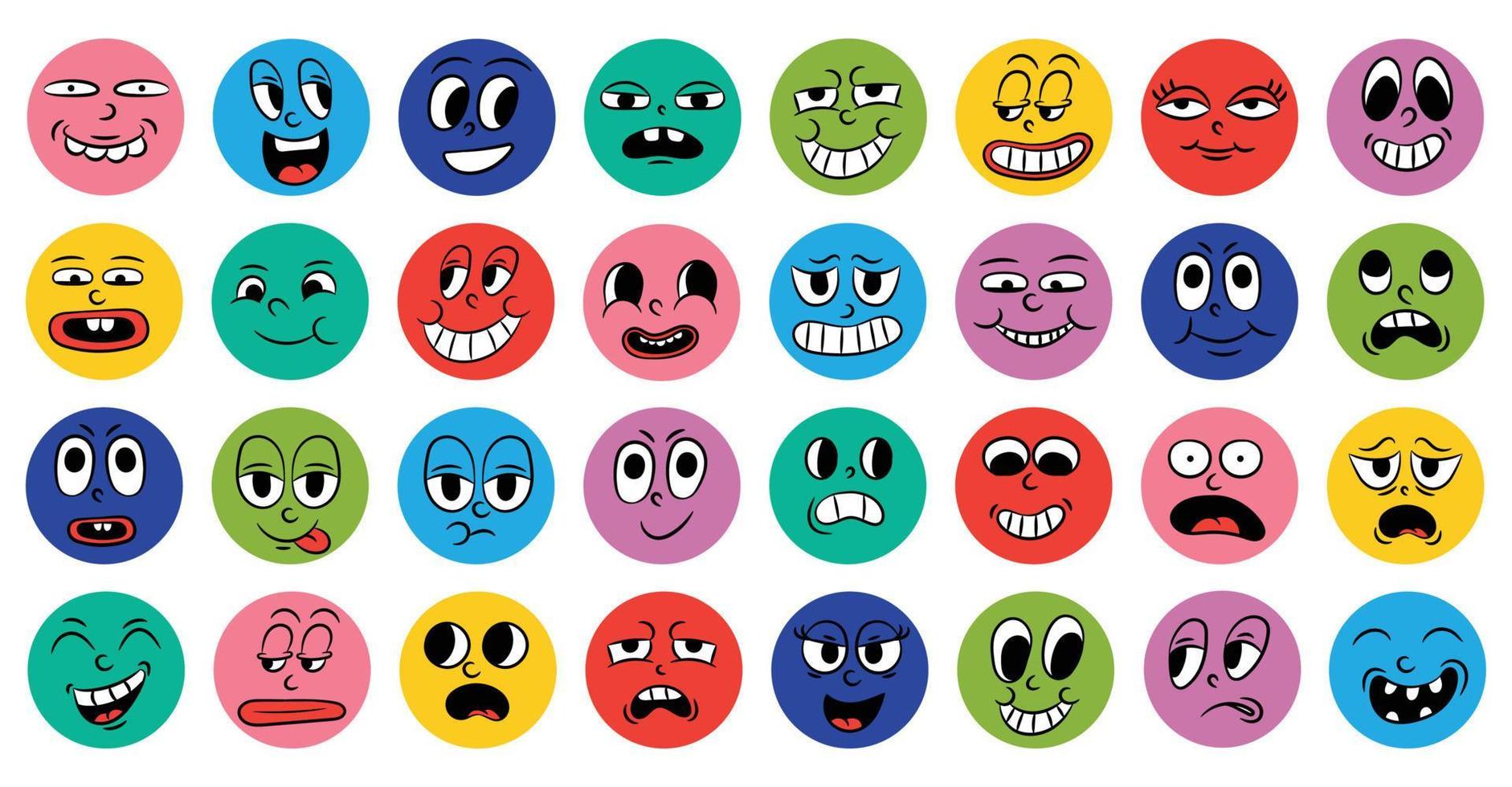 Set of cartoon comic funny faces in retro style with different expressions of emotions. Abstract round icons of heads of emotional characters. Emoji people animation in 50s 60s style. vector