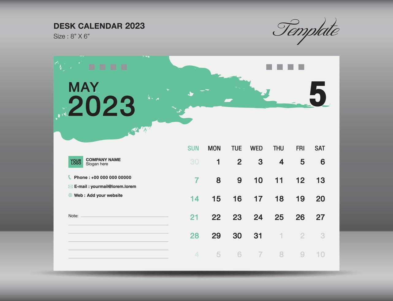 diseño de calendario de escritorio 2023, plantilla de mes de mayo, plantilla de calendario 2023, planificador, simple, diseño de calendario de pared vector