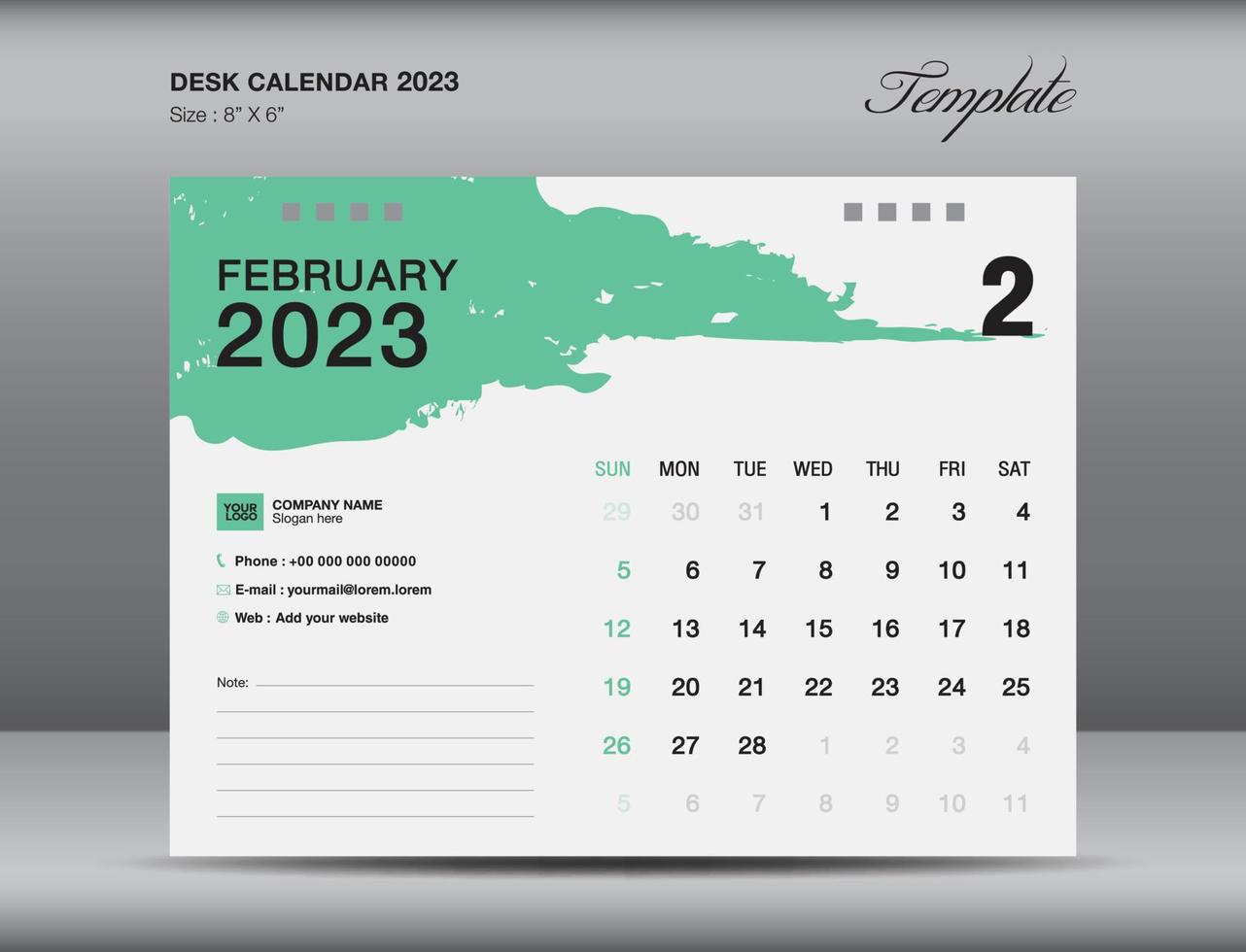 diseño de calendario de escritorio 2023, plantilla de mes de febrero, plantilla de calendario 2023, planificador, simple, diseño de calendario de pared vector