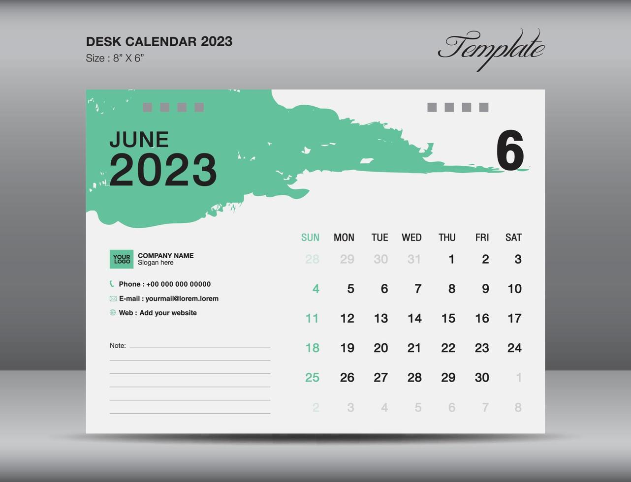 diseño de calendario de escritorio 2023, plantilla de mes de junio, plantilla de calendario 2023, planificador, simple, diseño de calendario de pared vector