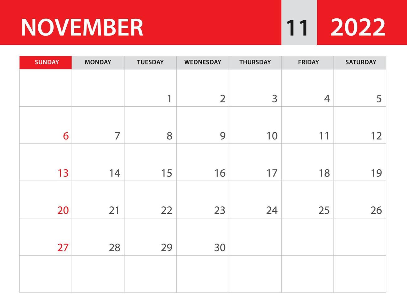 plantilla de noviembre de 2022, vector de plantilla de calendario 2022, diseño mensual del planificador, calendario de escritorio 2022