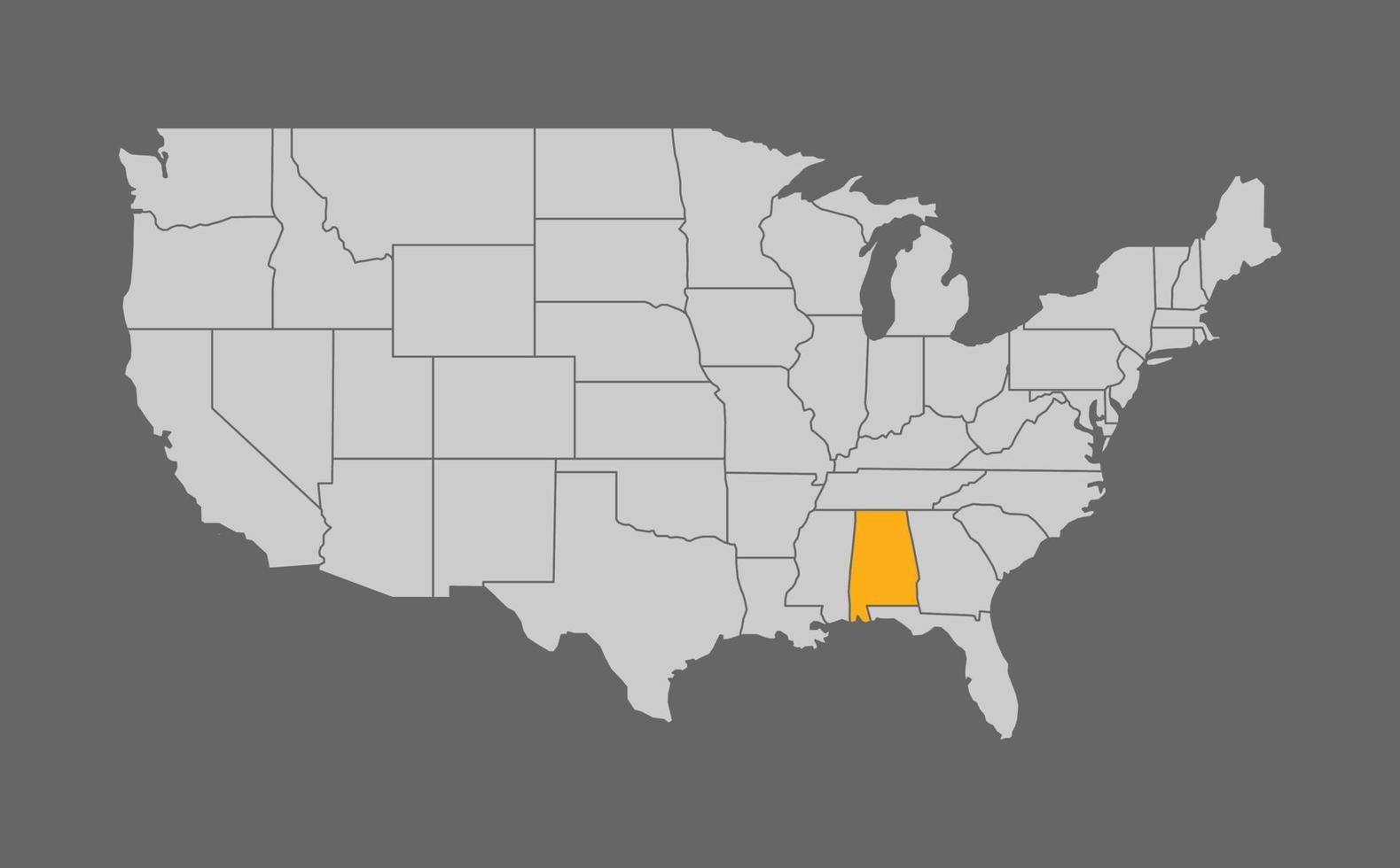 mapa de los estados unidos con resaltado de alabama sobre fondo gris vector