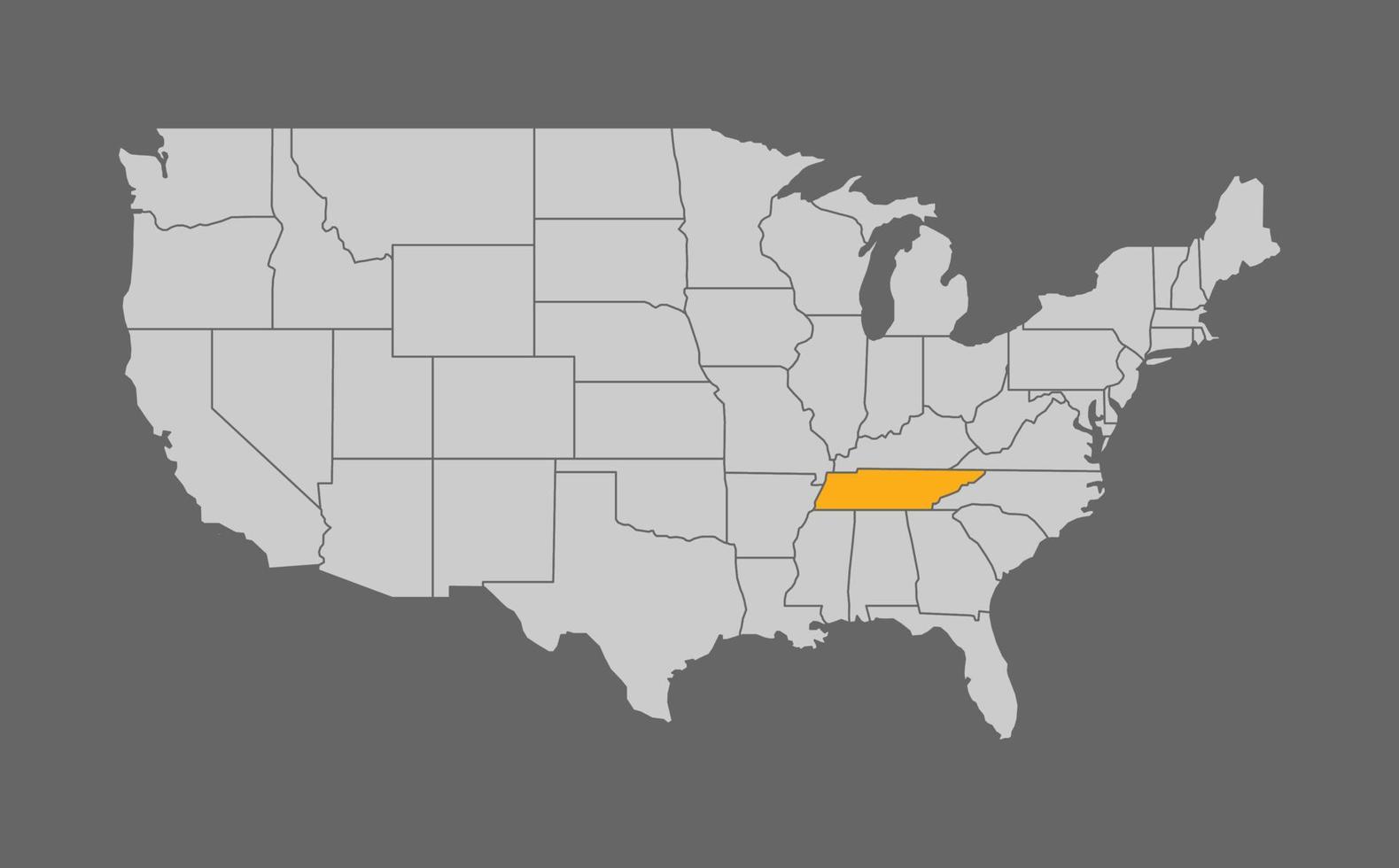 mapa de los estados unidos con tennessee resaltado sobre fondo gris vector