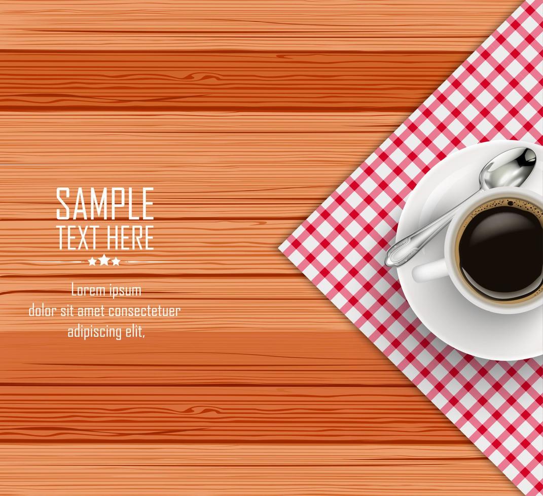 Top view of white coffee cup and a saucer on wooden table vector