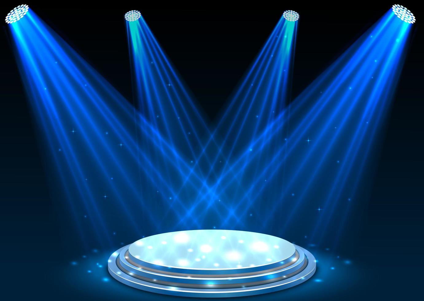 Blue spotlights with white podium on dark background vector