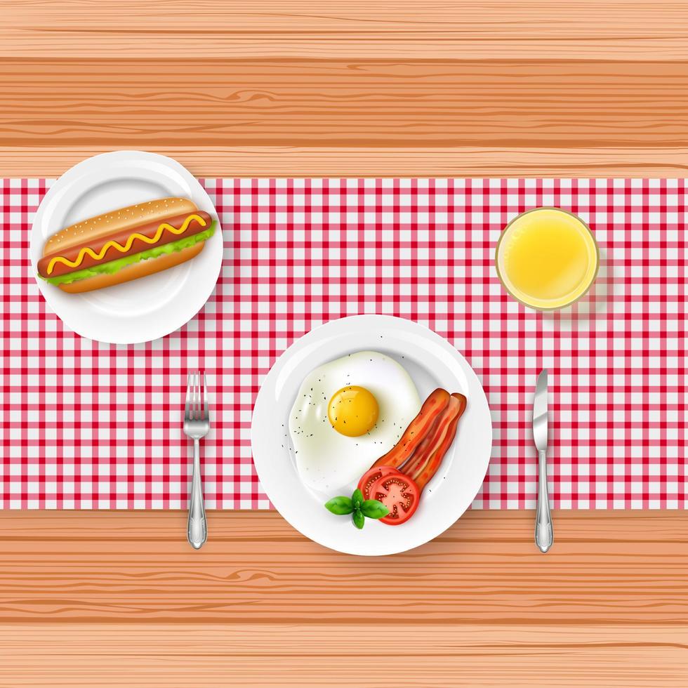 Breakfast menu with fried egg and fast food on wooden table vector