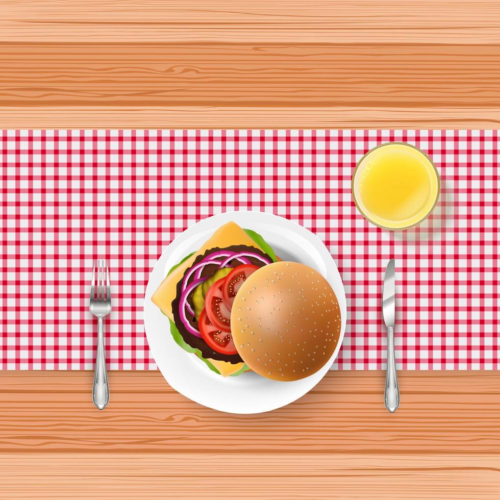 Fast food with fork and knife on wooden table vector