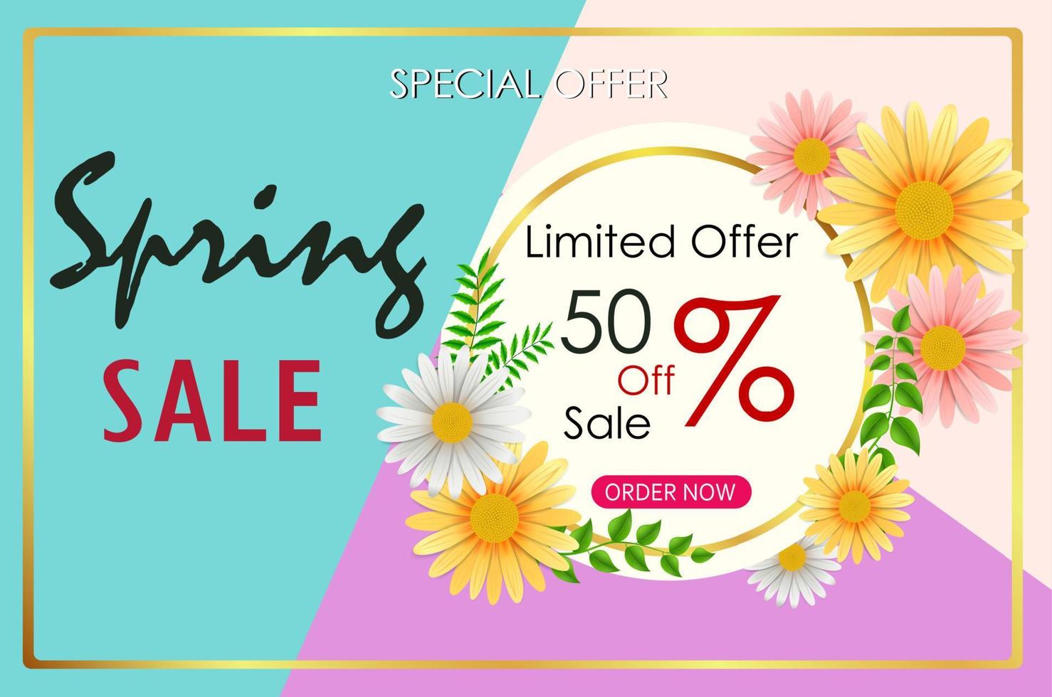 banner de fondo de venta de primavera con hermosa flor de colores vector