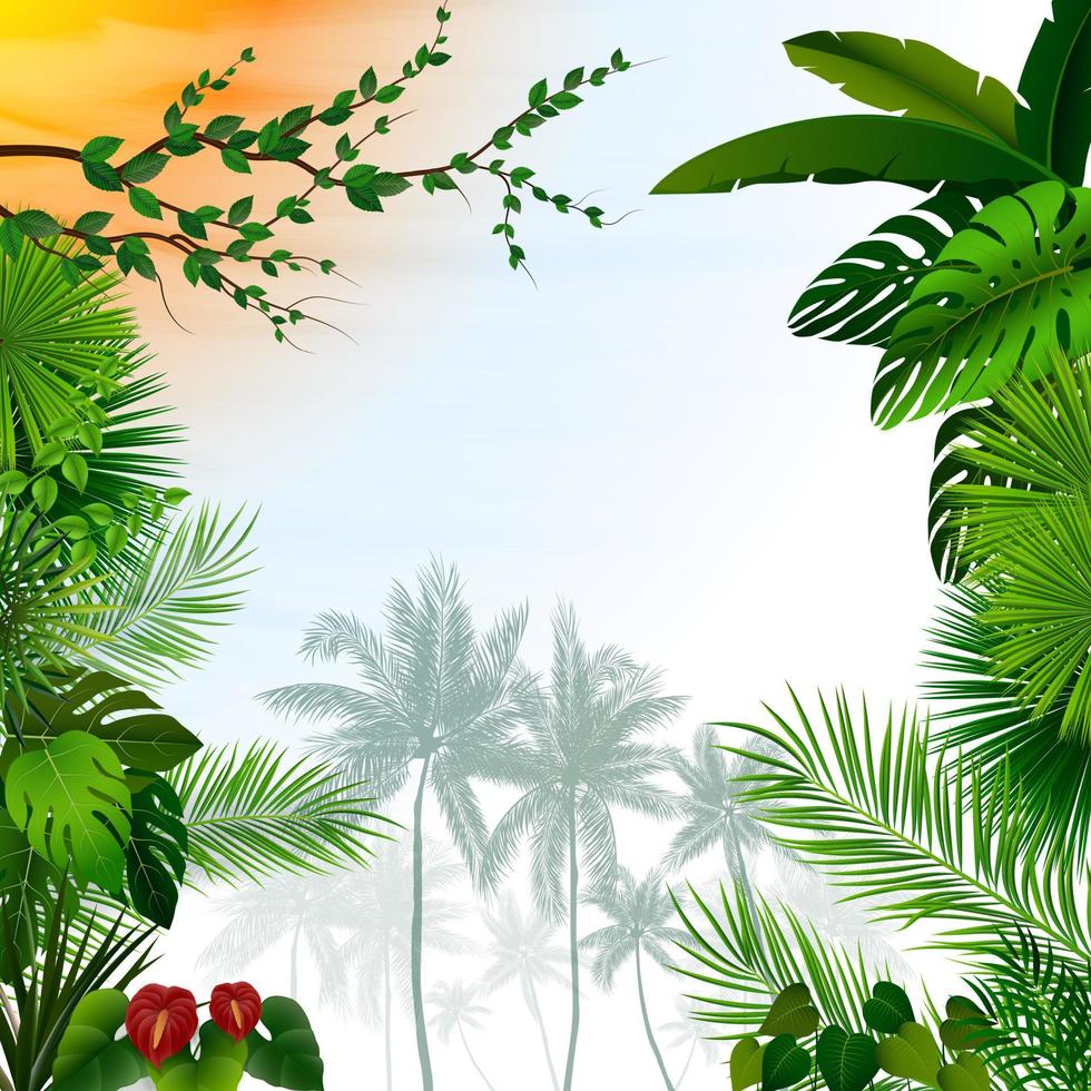 Tropical landscape with palm trees and leaves vector