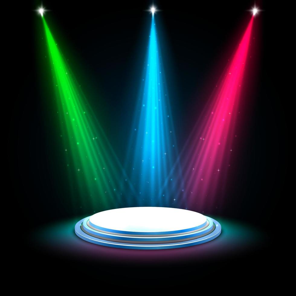 Colorful glow spotlights with white podium on dark background vector