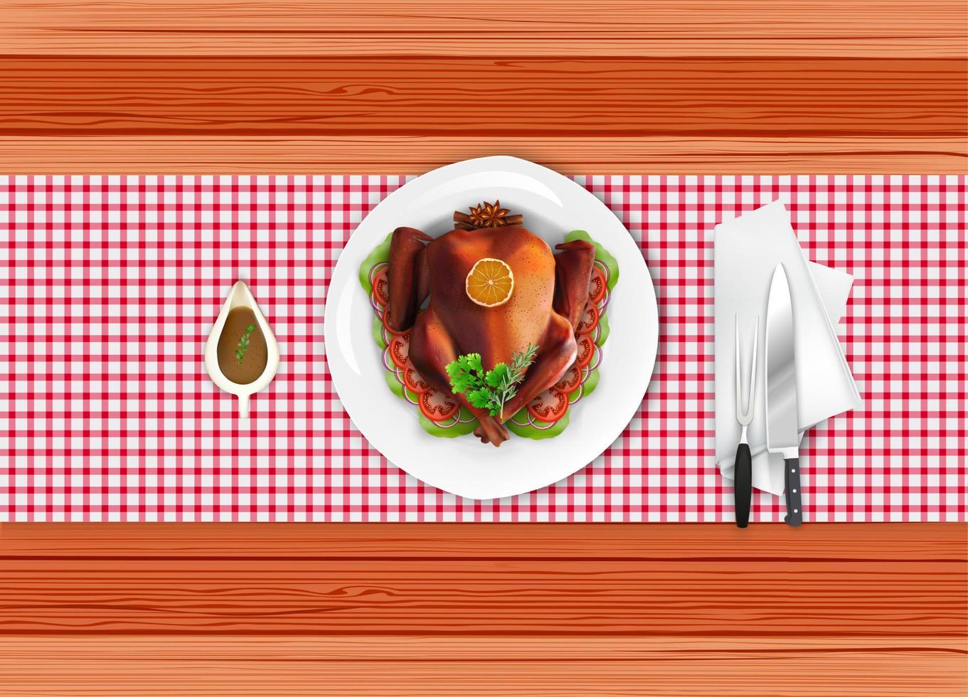 Roasted turkey bird on white plate with fork and knife on wooden table vector