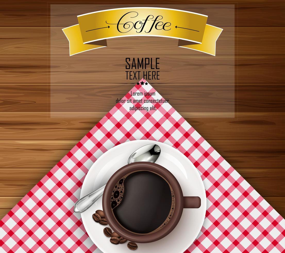 Cup of coffee with yellow ribbon and coffee beans on brown wooden background vector